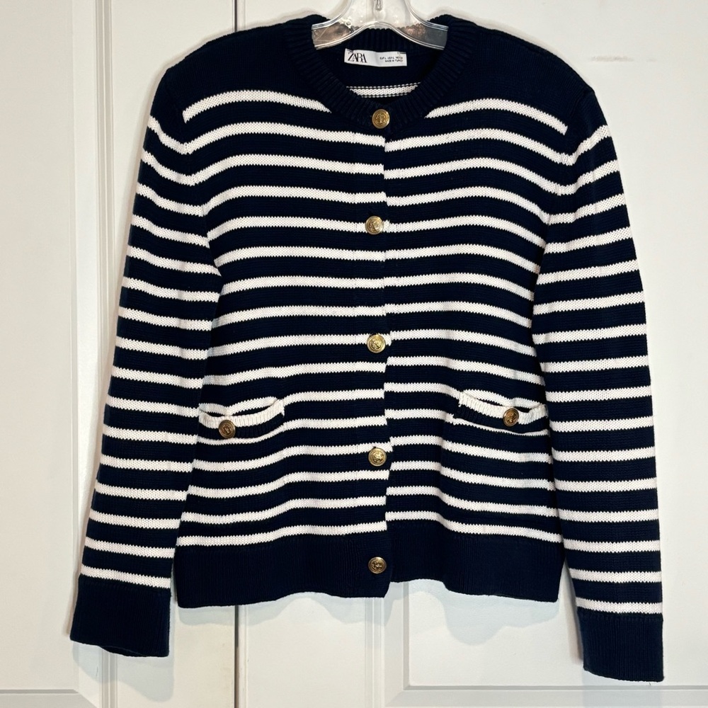 Zara Navy White Stripe Anchor Button Crew Cardigan Sweater L